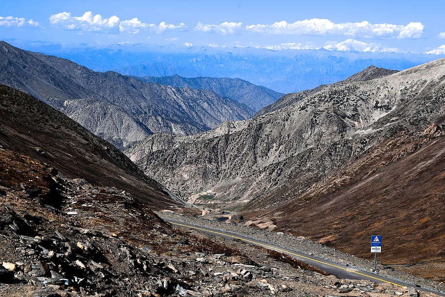 road, sky, mountains, clouds, nature, highway, travel, blue HD wallpaper