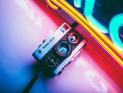 black and gray Rollei 35 s camera, neon, 35mm, lens, rollei35 HD wallpaper