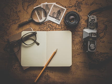 Silver Dslr Camera Beside Book, adventure, antique, blank, classic HD wallpaper
