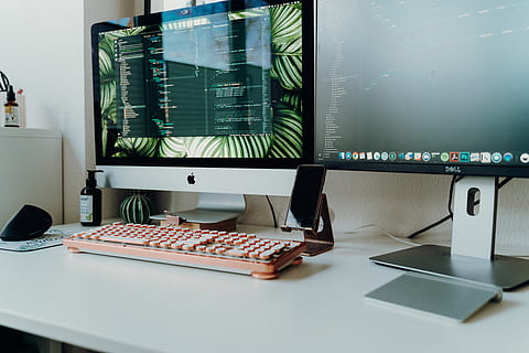 silver iMac turned-on, furniture, computer, computer keyboard HD wallpaper
