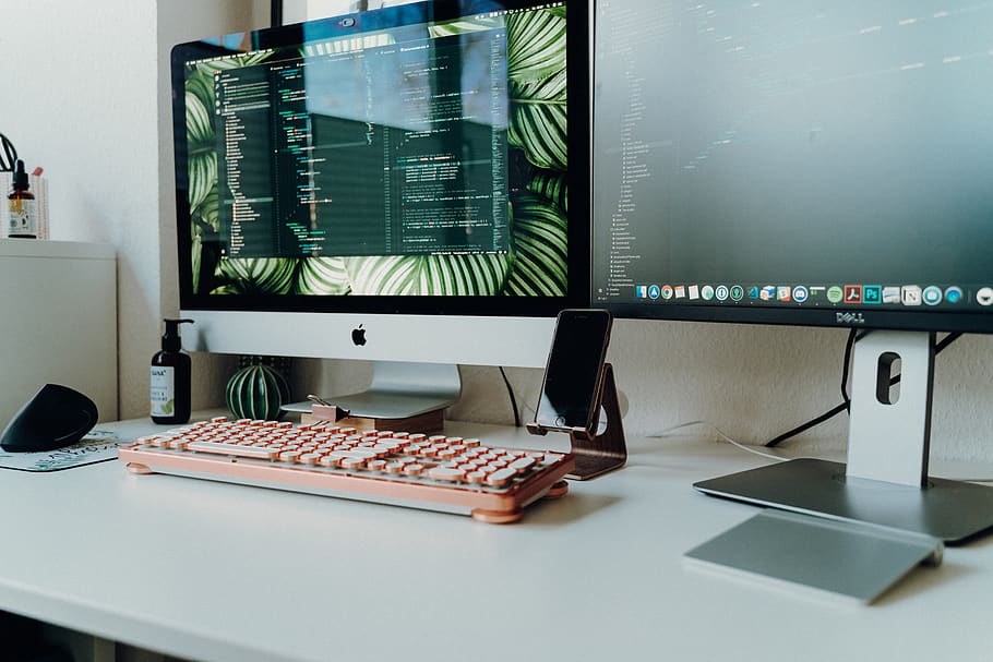silver iMac turned-on, furniture, computer, computer keyboard HD wallpaper