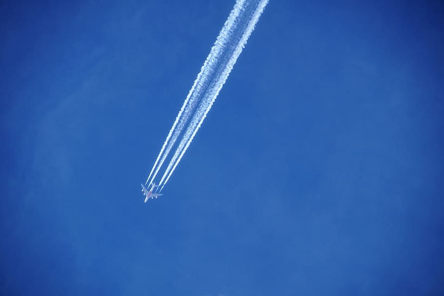heaven, blue, sky, condensing, lines, the products of combustion HD wallpaper