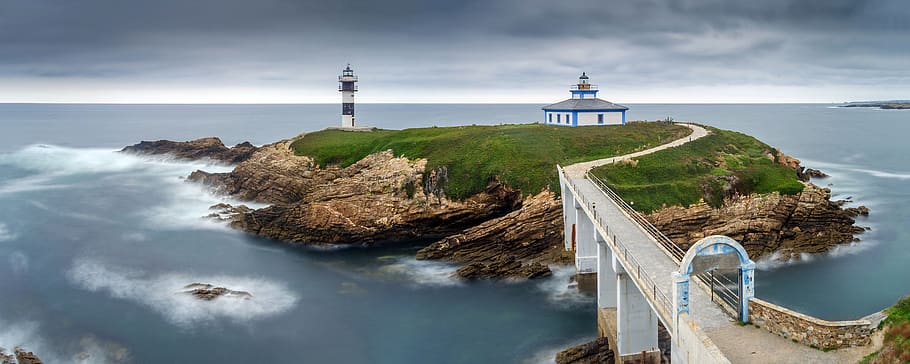 lighthouse on islet with bridge, ocean, sea, water, coast, nature