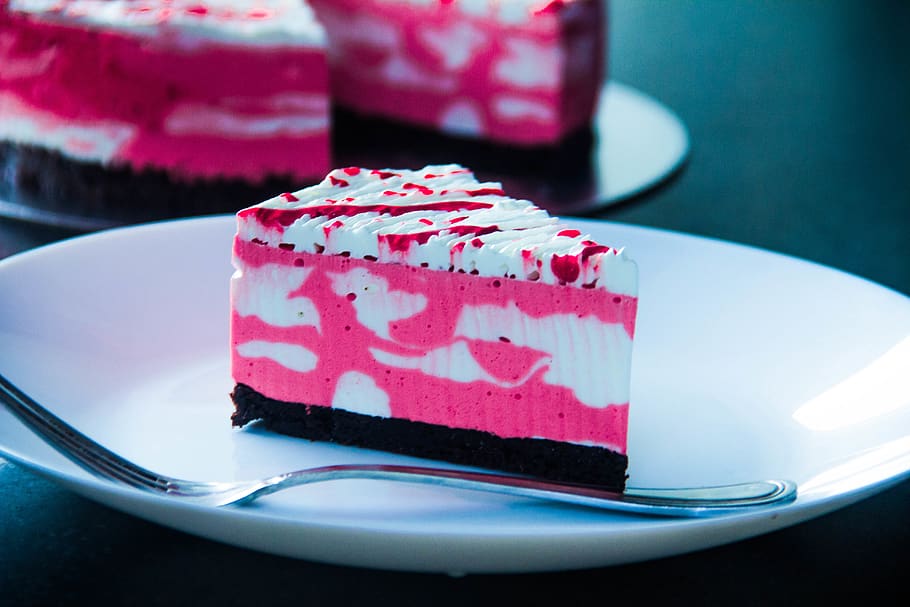 Slice of Vanilla and Strawberry Cake on Plate, birthday cake