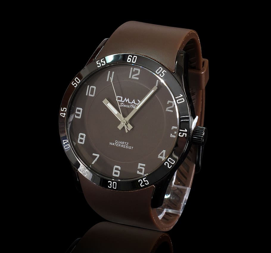 Brown Leather Strap Omax Analog Watch, time, wristwatch, number HD wallpaper