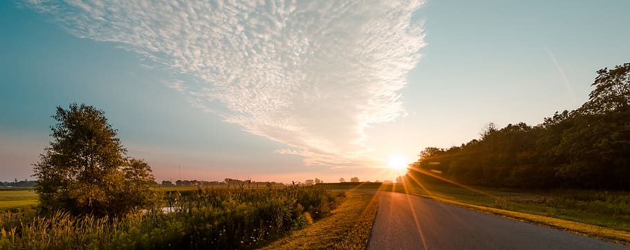 Photo of Road during Sunrise, asphalt, clouds, dawn, field, forest HD wallpaper