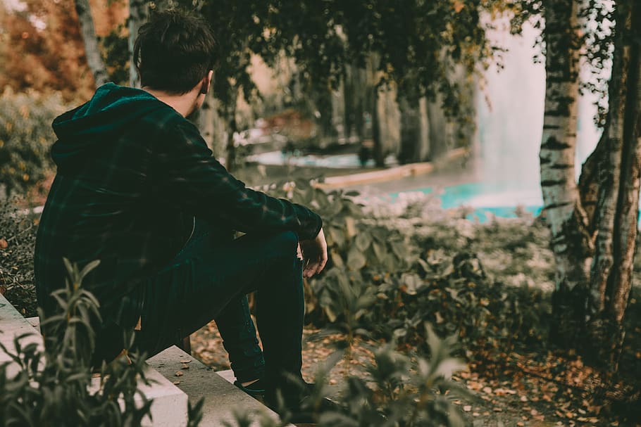man sitting facing trees, water, person, human, apparel, clothing HD wallpaper