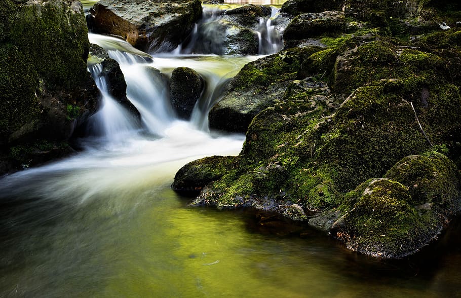Water Fall Near Rock during Day Time, nature, rocks, stream, waterfall HD wallpaper