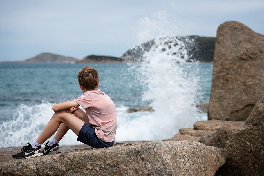 ocean, sea, coastline, waves, water, seascape, outdoors, boy HD wallpaper