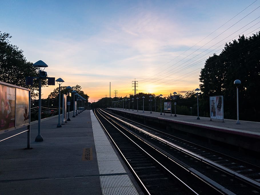 Sunset Over Train Platform and Tracks, Sky, Transportation, blue