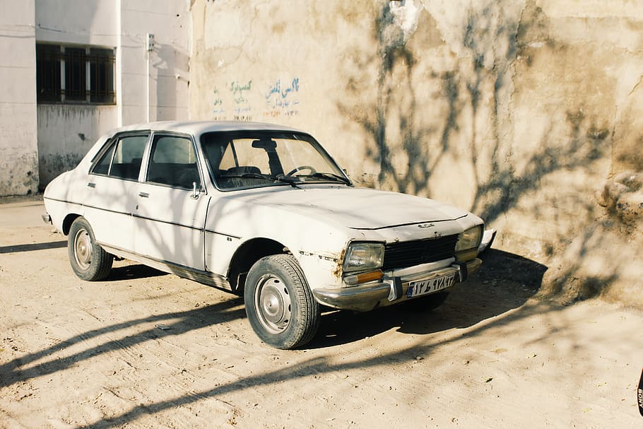 iran, shiraz, peugeot, white, car, rust, persia, old, mode of transportation, HD wallpaper
