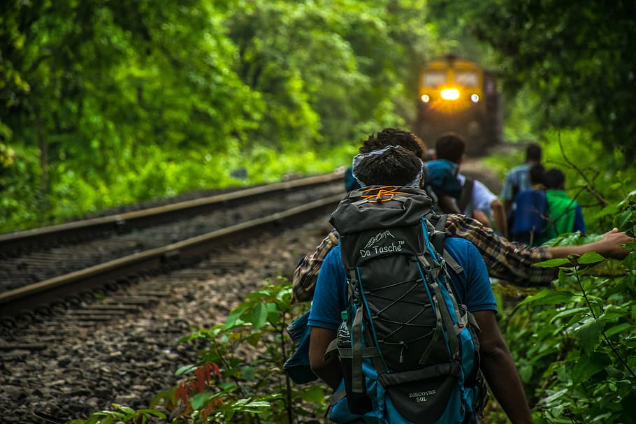 Group of People Walking Beside Train Rail, adventure, backpack HD wallpaper