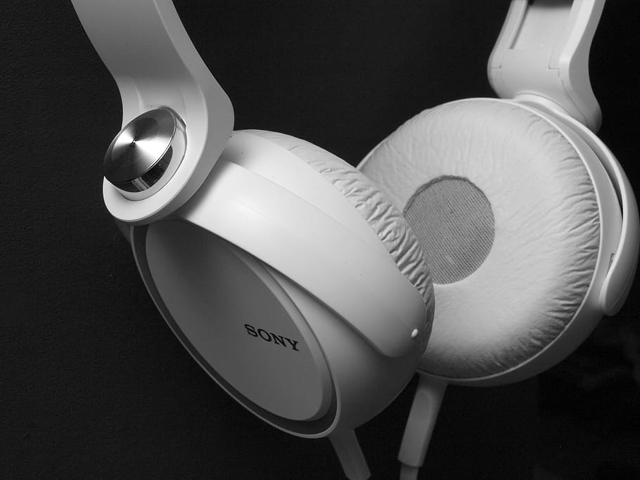 Sony White Headphones, black-and-white, close-up, music, indoors, HD wallpaper