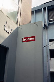 Supreme logo, banister, handrail, japan, shibuya-ku, symbol, window HD wallpaper