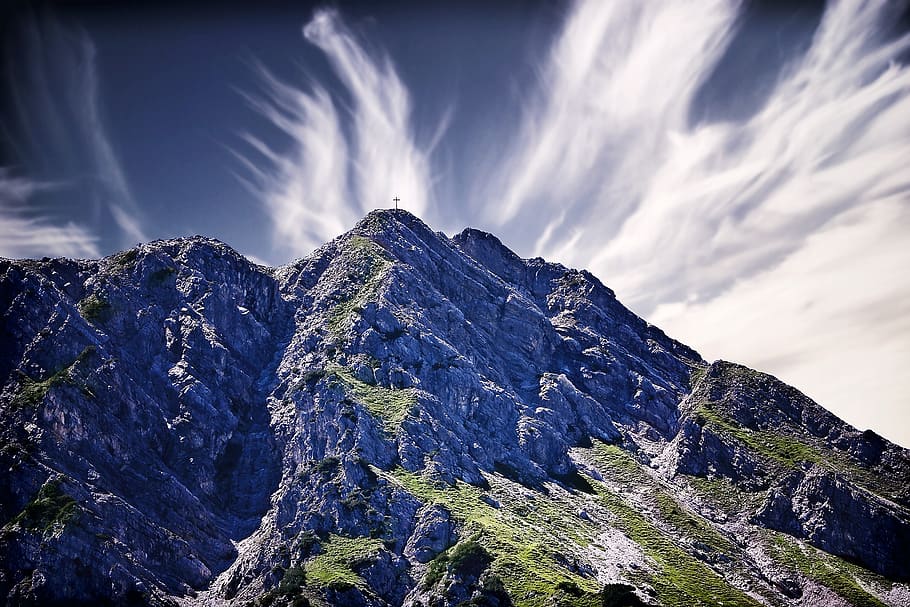 Mountain With Trees, clouds, landscape, nature, scenic, sky, summit cross HD wallpaper