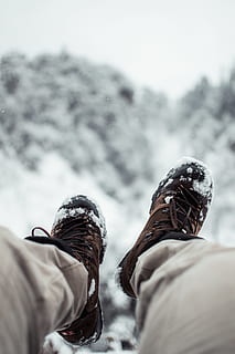 person wearing brown hiking shoes, boot, leg, bokeh, blur, forest HD wallpaper