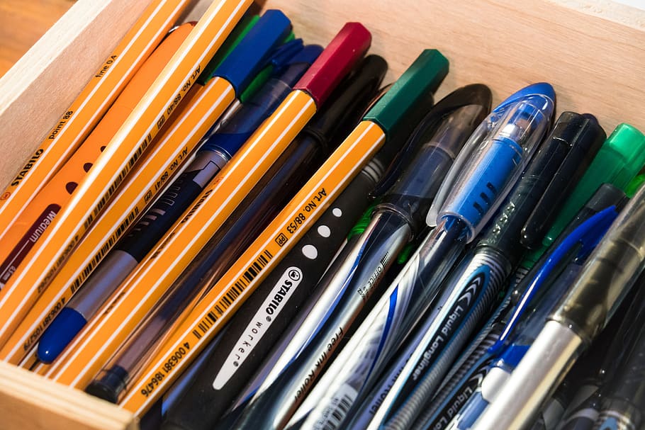 pens, write, draw, paint, pen box, desk, work, office, workplace, HD wallpaper