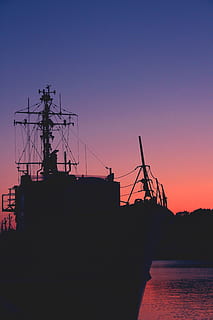 ship, dark, black, water, silhouette, shipping, sunset, sea HD wallpaper