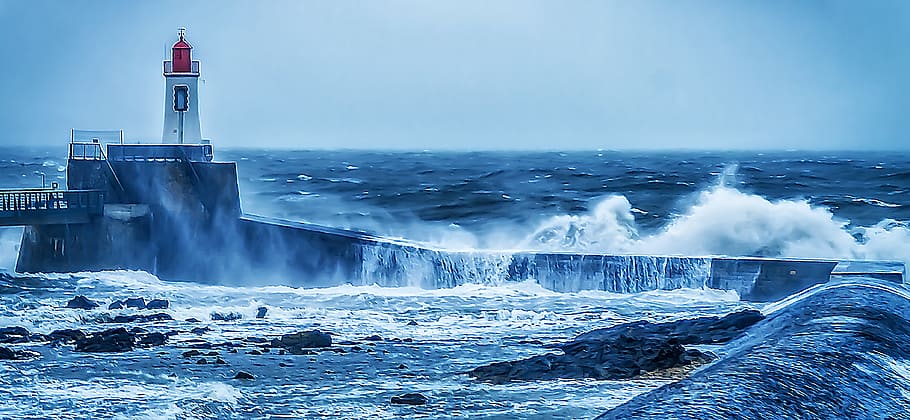 water, ocean, headlight, sea, motion, tower, lighthouse, nature HD wallpaper