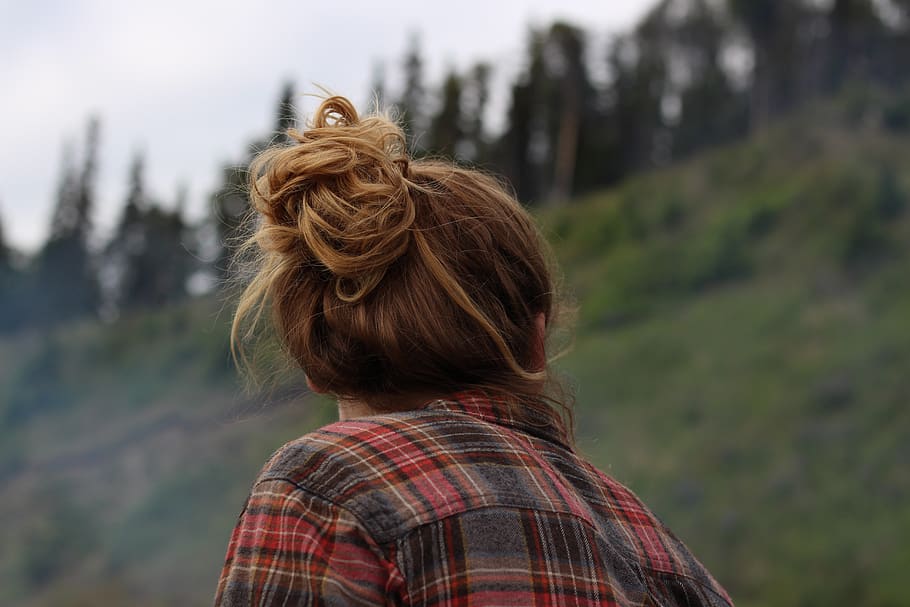 trees, flannel, bun, hair, nature, mood, rear view, headshot, HD wallpaper