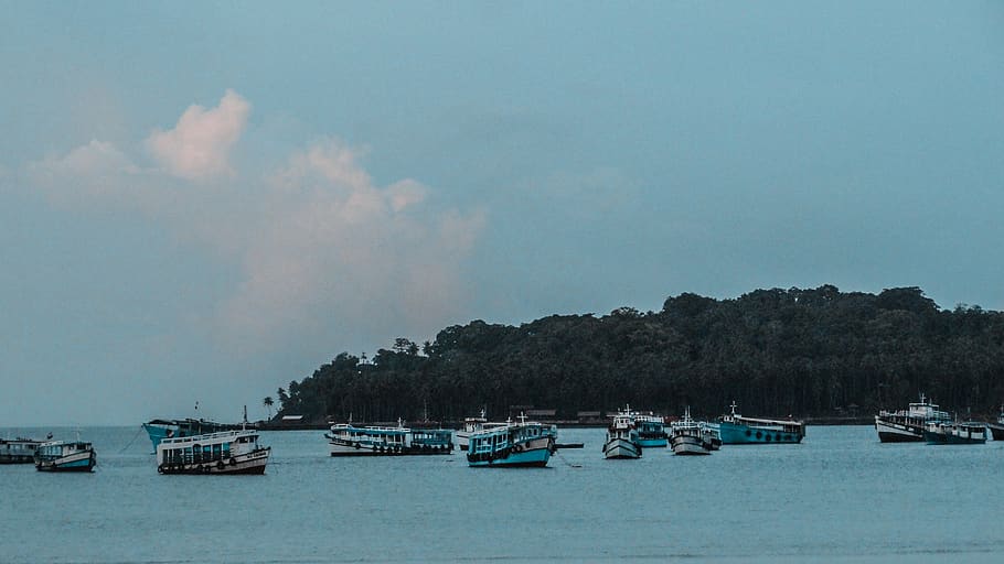 Teal Boats Near Island, bay, beach, clouds, daylight, ferry, harbor HD wallpaper