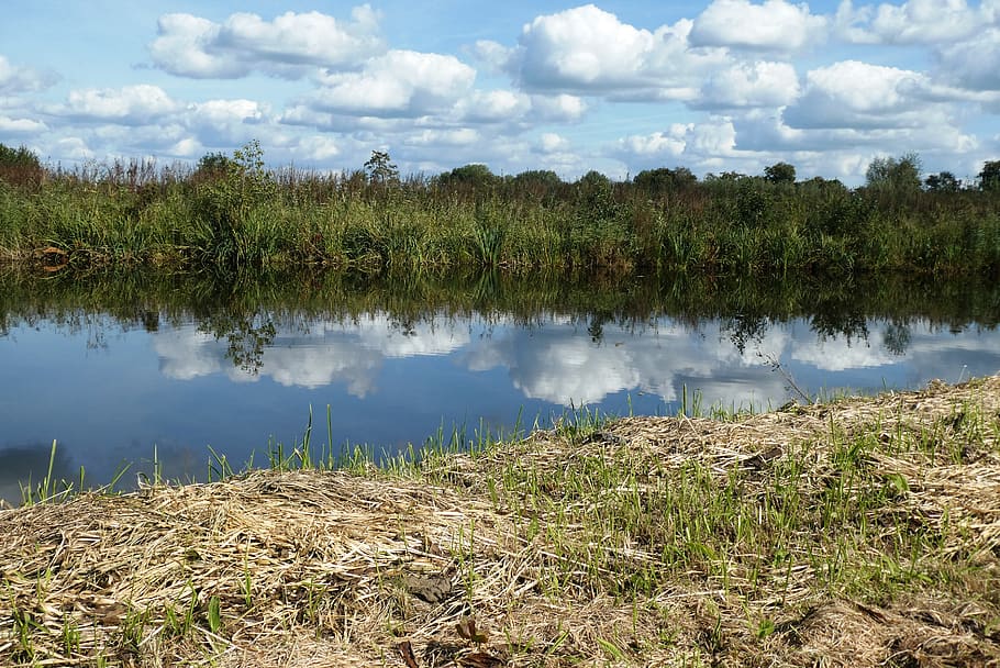 polder, reflection, background, ditch, grass, clouds, blue sky HD wallpaper