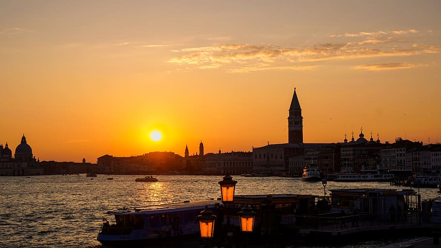 sunset, venice, channel, city, sky, architecture, building exterior HD wallpaper