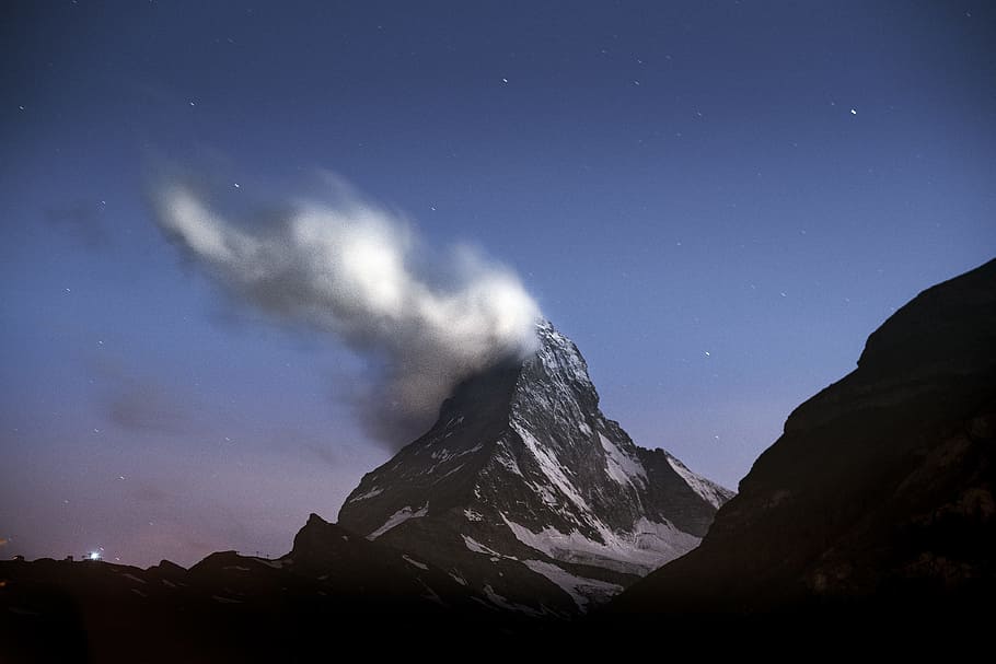 brown and black mountain, matterhorn, sky, cloud, star, peak HD wallpaper