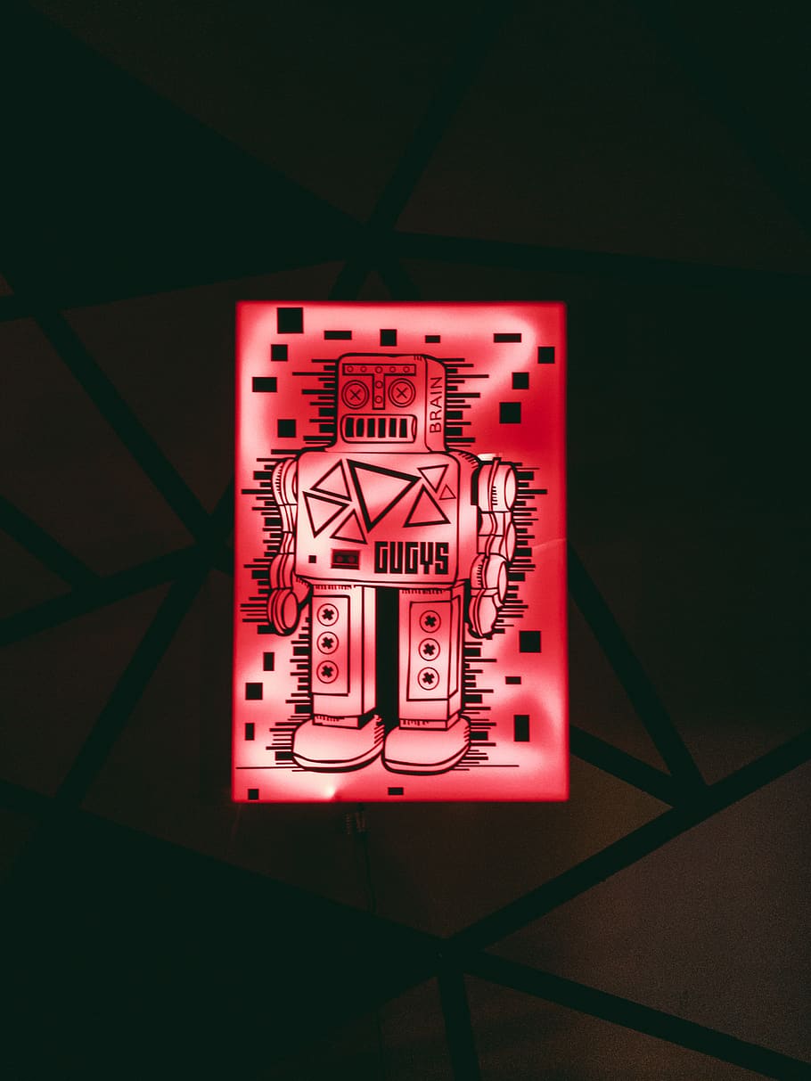 red robot light, neon, text, sign, symbol, led, lights, pub, red sign HD wallpaper