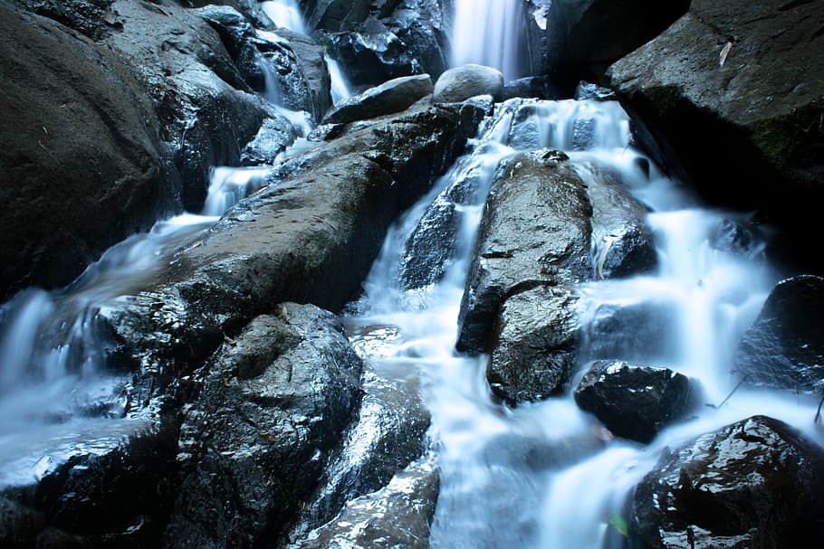 waterfall, rocks, river, lake, stream, long exposure, flowing water HD wallpaper