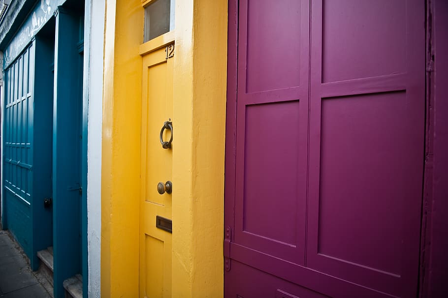 yellow door closed, united kingdom, london, wood, window, floor HD wallpaper