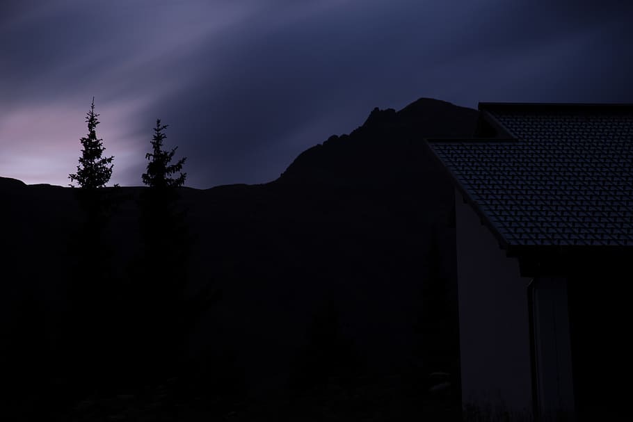 austria, galtür, alps, trees, building, night, mountains, architecture HD wallpaper