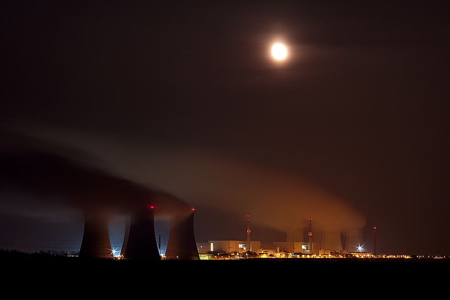 power plant, night, moon, building exterior, illuminated, architecture HD wallpaper