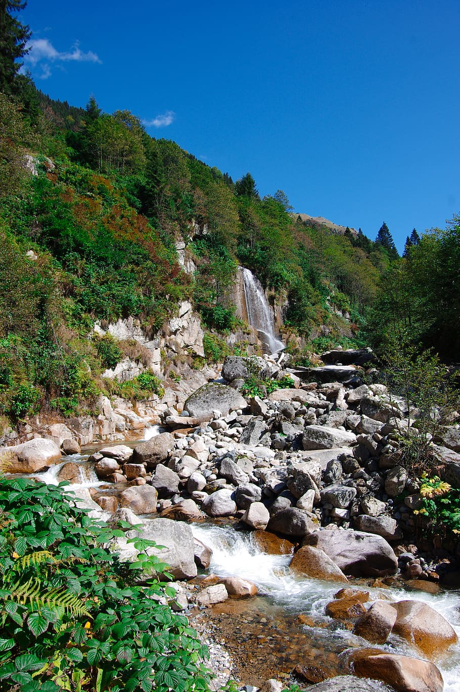 streaming, waterfall, nature, highland, green, forest, landscape HD wallpaper