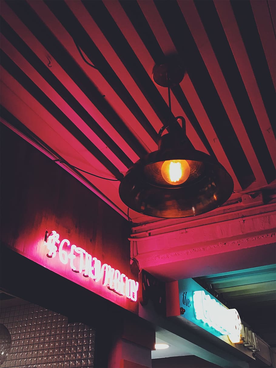 Round Brown Pendant Lamp on Red Ceiling Turned on, architecture HD wallpaper