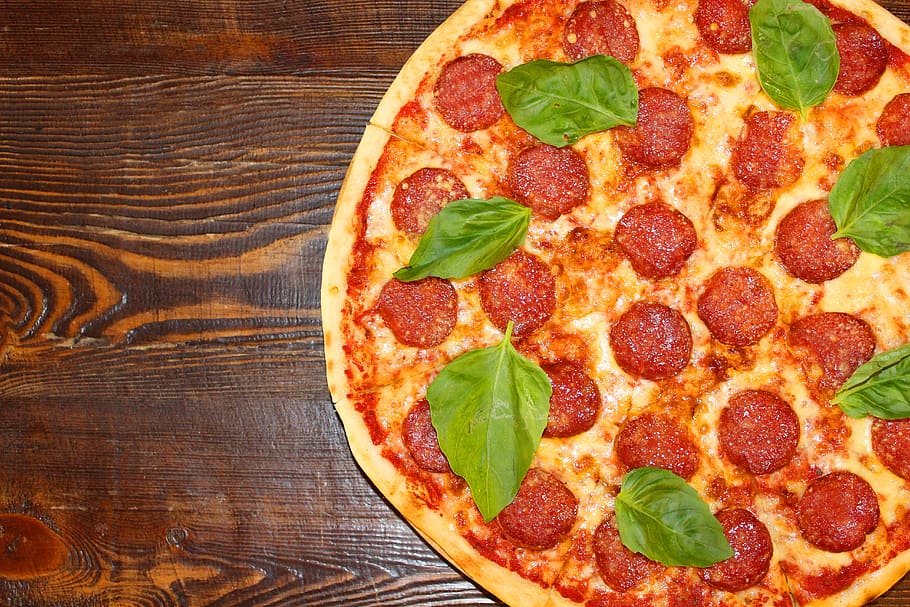 pizza, table, food, food and drink, italian food, directly above HD wallpaper