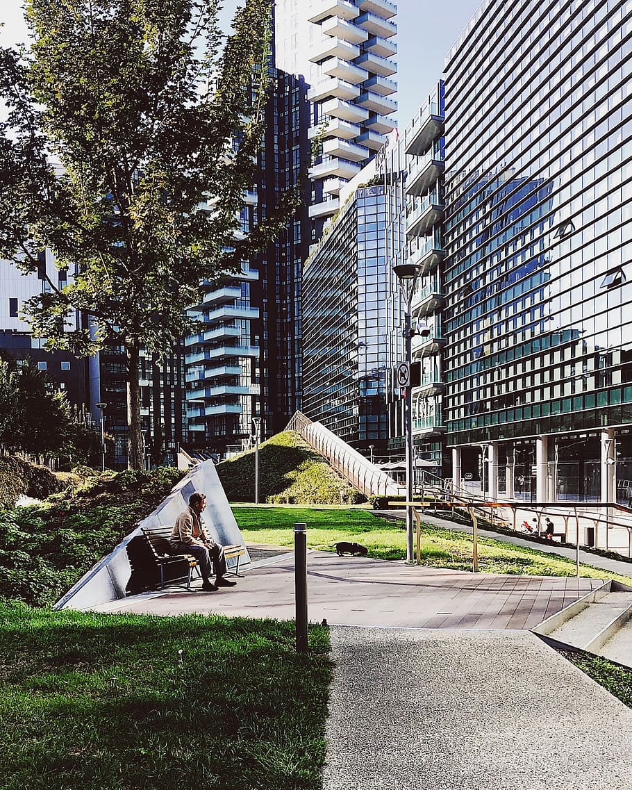 man sitting on bench, urban, town, high rise, city, building HD wallpaper