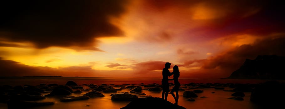 couple, silhouette, love, romance, together, woman, sunset, HD wallpaper