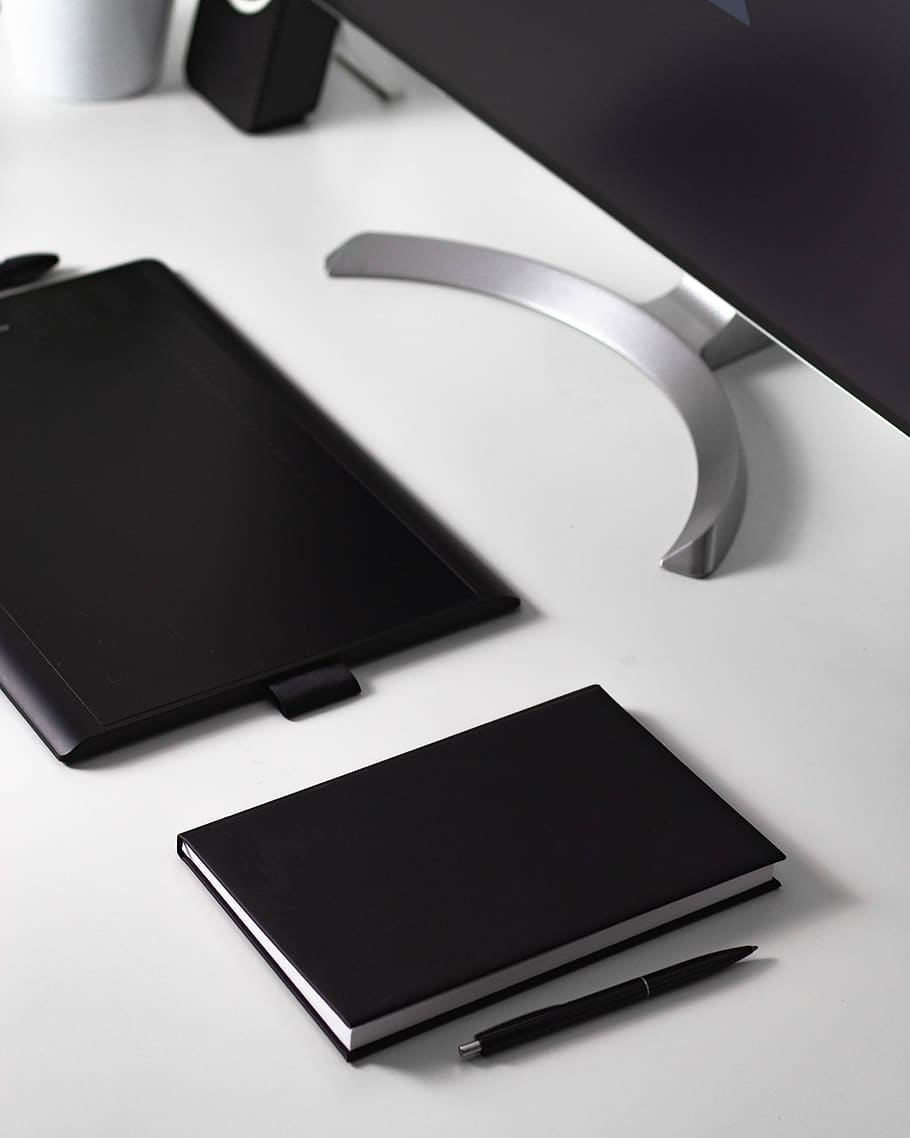 black click pen beside book and tablet computer, pc, electronics HD wallpaper