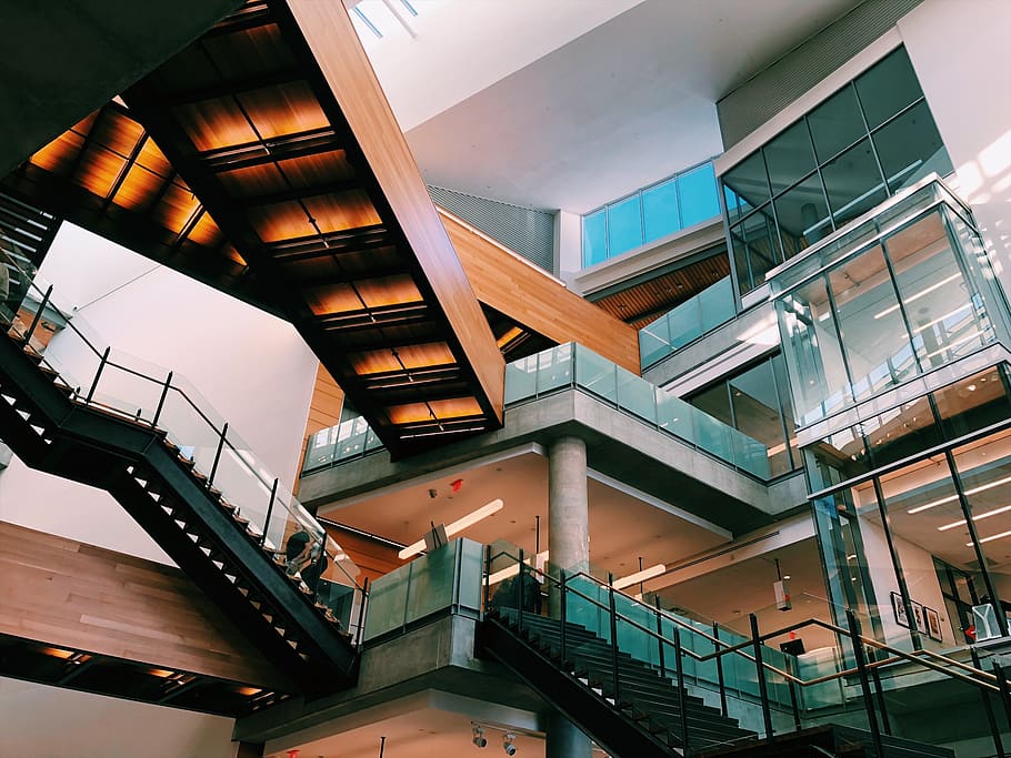 glass building, architecture, housing, interior design, austin HD wallpaper