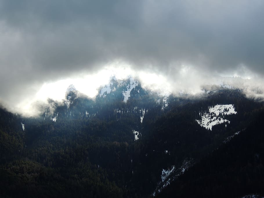 france, modane, clouds, sky, wild, light, trees, forest, snow HD wallpaper