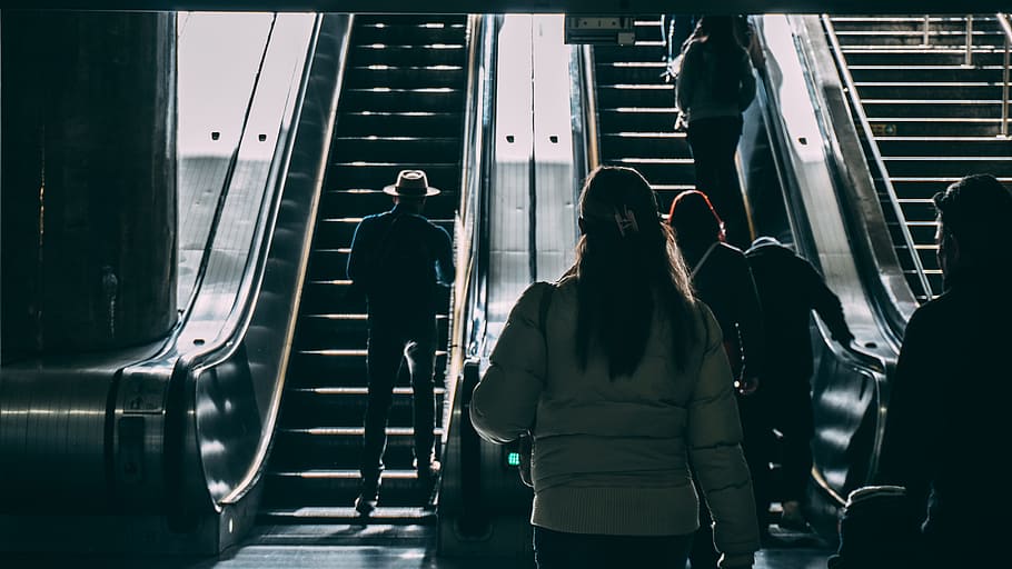 Man in Hat at Escalator, people, walking, real people, transportation HD wallpaper