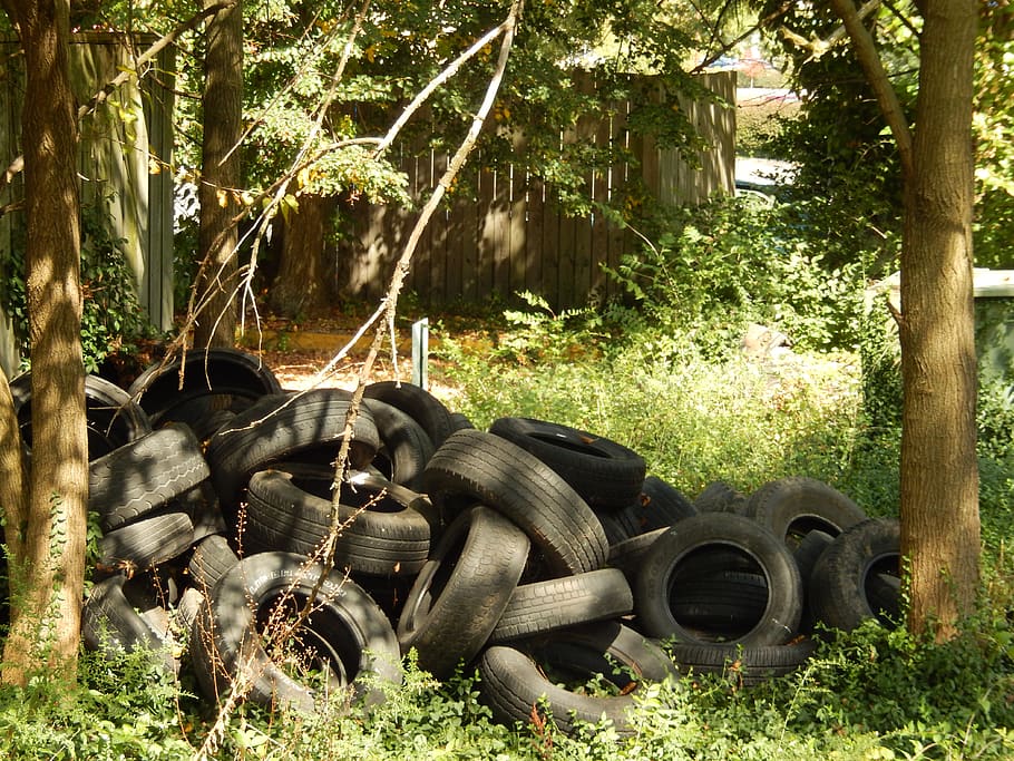 tires, trees, dump, trash, environmental, hazards, rubber, vulcanized HD wallpaper