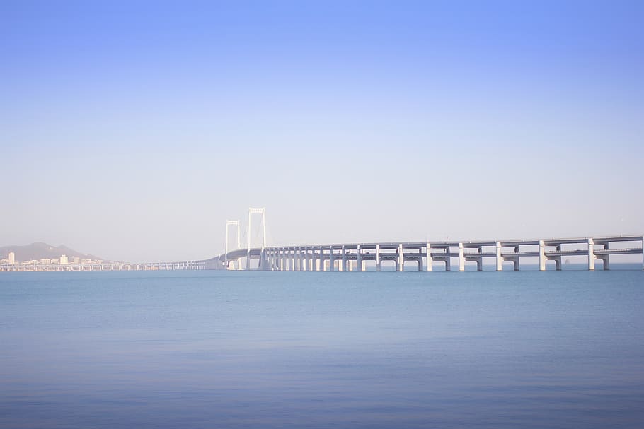 white and gray bridge, water, waterfront, dock, pier, port, nature HD wallpaper