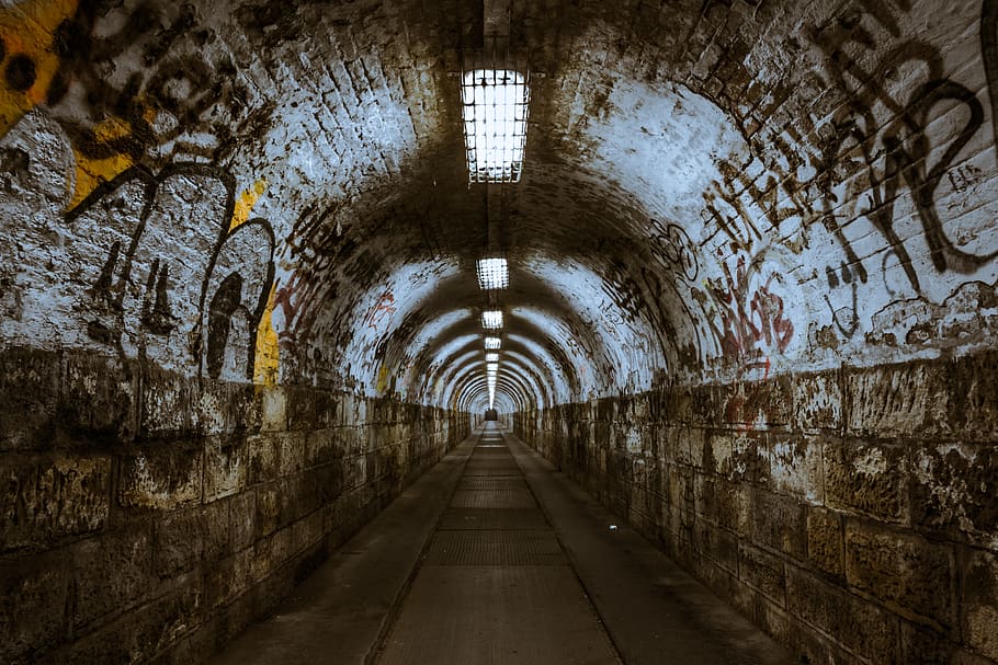 Tunnel With Lights, brick wall, graffiti, pavement, underground