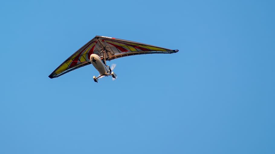 hang glider, flying, flight, sky, wings, dom, skies, blue, clear sky, HD wallpaper
