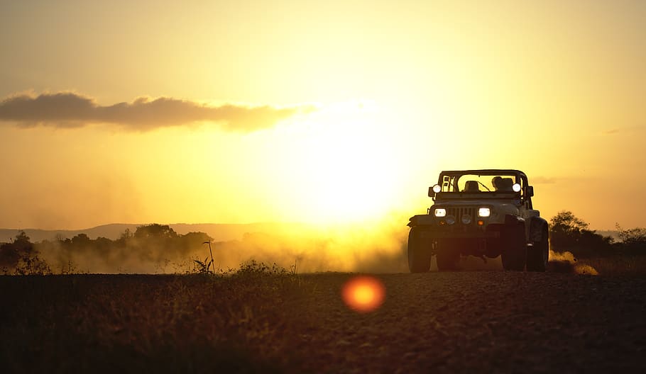 jeep, drifting, dust, sunset, dusk, motor sport, off road, summer HD wallpaper