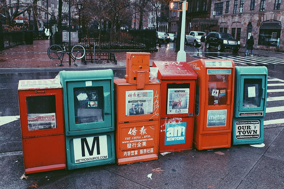 six assorted-color newspaper machines, architecture, street, city HD wallpaper