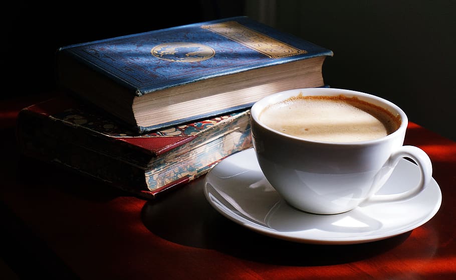 coffee, cappuccino, drink, drinks, books, old books, reading HD wallpaper