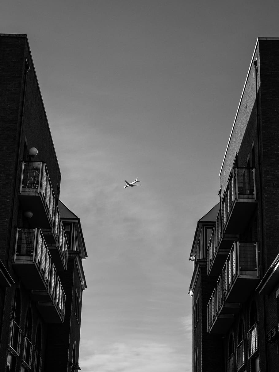 plane between building, building exterior, built structure, architecture HD wallpaper